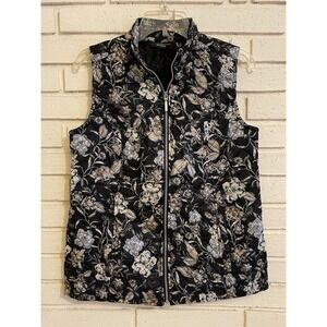 Susan Graver Weekend Vest Sz. 4 Black Floral Diamond Quilted Zip Closure-Pockets